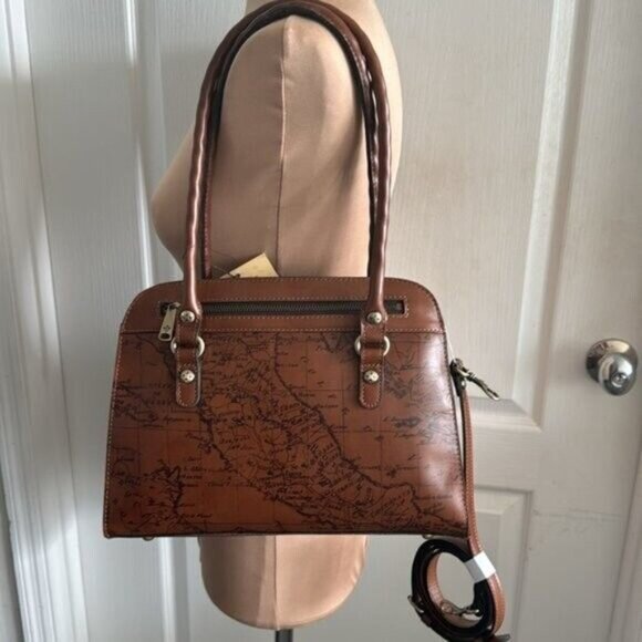 Patricia Nash Riot Rust Leather Calvi Satchel Crossbody Signature Map Brown - Picture 5 of 11